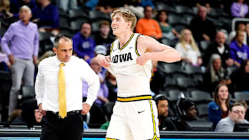 Iowa guard Cooper Koch (8) reacts after defeating Grand Canyon 59-46 in their Acrisure Series championship basketball game at Acrisure Arena in Palm Desert, Calif., on Nov. 26, 2025.