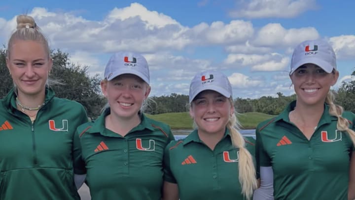 Some of the Miami Hurricanes Golf Team taking a roster photo before the season gets underway