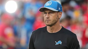 Former Detroit Lions offensive coordinator Ben Johnson watches warm up ahead of the season opener against the Kansas City Chiefs at Arrowhead Stadium in Kansas City, Mo. on Thursday, Sept. 7, 2023.