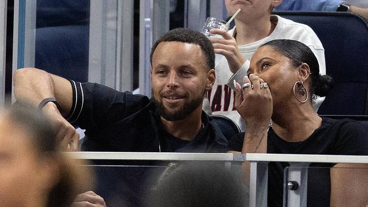 Aug 9, 2025; San Francisco, California, USA; Golden State Warriors star Stephen Curry and his wife Ayesha take in a Golden State Valkyries game against the Los Angeles Sparks at Chase Center. Mandatory Credit: D. Ross Cameron-Imagn Images