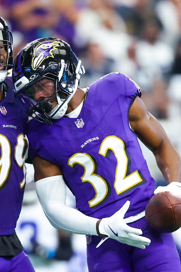 Baltimore Ravens safety Marcus Williams celebrates with Baltimore Ravens linebacker Odafe Oweh. Baltimore Ravens safety Marcus Williams celebrates with Baltimore Ravens linebacker Odafe Oweh.