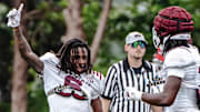 Mississippi State Bulldogs cornerback Tre Wright celebrates after a play in fall practice in August 2024 in Starkville, Miss.