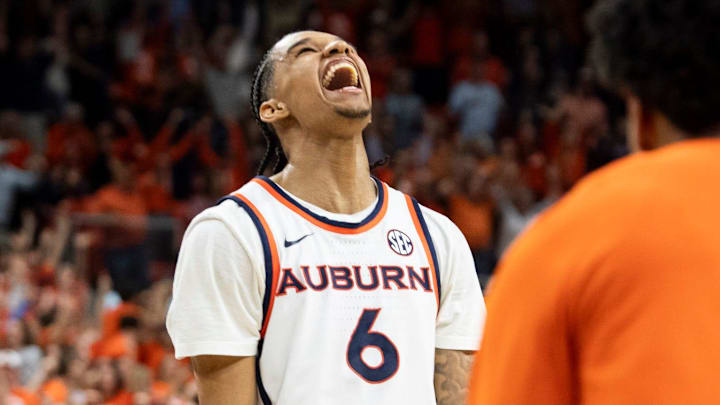Auburn Tigers guard Elyjah Freeman (6) celebrates victory as Auburn Tigers take on Kentucky Wildcats at Neville Arena in Auburn, Ala. on Saturday, Feb. 21, 2026. Auburn Tigers defeated Kentucky Wildcats 75-74.