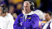 Nov 30, 2024; Baton Rouge, Louisiana, USA;  LSU Tigers head coach Brian Kelly looks on against the Oklahoma Sooners during the second quarter at Tiger Stadium