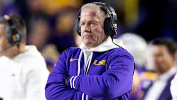 Nov 30, 2024; Baton Rouge, Louisiana, USA;  LSU Tigers head coach Brian Kelly looks on against the Oklahoma Sooners during the second quarter at Tiger Stadium
