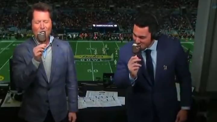 Matt Barrie (left) and Aaron Murray (right) durin Duke's Mayo Bowl broadcast.