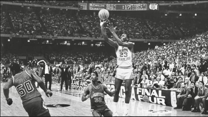 Michael Jordan releases his game-winning shot in the 1982 NCAA title game.