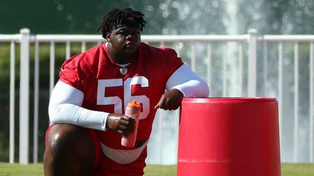 Tampa Bay Buccaneers defensive tackle Desmond Watson (56) works out at One Buc Place.  