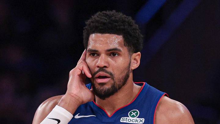 Detroit Pistons forward Tobias Harris (12) reacts after a basket against the New York Knicks during the first half at Madison Square Garden on Feb 19, 2026.