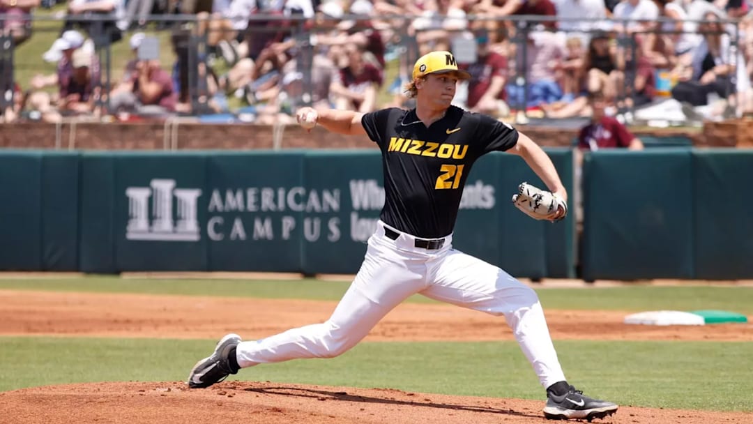 May 10, 2025; College Station, Texas, USA; Missouri Tigers pitcher Sam Horn throws from the mound against Texas A&M. May 10, 2025; College Station, Texas, USA; Missouri Tigers pitcher Sam Horn throws from the mound against Texas A&M.