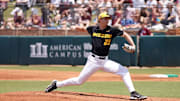 May 10, 2025; College Station, Texas, USA; Missouri Tigers pitcher Sam Horn throws from the mound against Texas A&M.