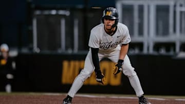 Mizzou outfielder Tyler Macon prepares to steal a base. 