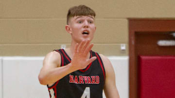 Nikolas Khamenia (4) tells his coach he is fine to stay in the game at the Hoophall West final Chaparral High School gym the Chaparral High School gym on Dec. 2, 2023.