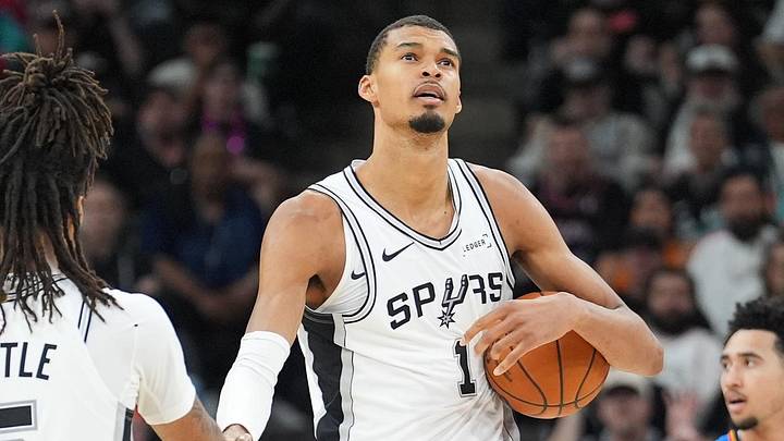 May 24, 2026; San Antonio, Texas, USA; San Antonio Spurs center Victor Wembanyama (1) high fives guard Stephon Castle (5) in the fourth quarter during game four of the western conference finals for the 2026 NBA playoffs at Frost Bank Center. Mandatory Credit: Daniel Dunn-Imagn Images