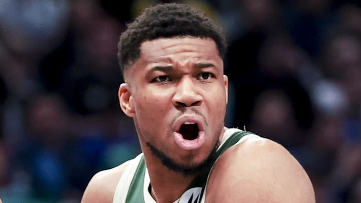 Milwaukee Bucks forward Giannis Antetokounmpo reacts against the Dallas Mavericks at American Airlines Center on Mar 1, 2025.