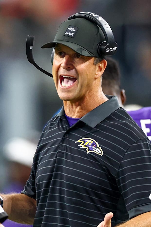 Baltimore Ravens head coach John Harbaugh reacts during the first half against the Dallas Cowboys