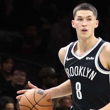 Oct 29, 2025; Brooklyn, New York, USA; Brooklyn Nets guard Egor Demin (8) brings the ball up court in the first quarter against the Atlanta Hawks at Barclays Center. Mandatory Credit: Wendell Cruz-Imagn Images