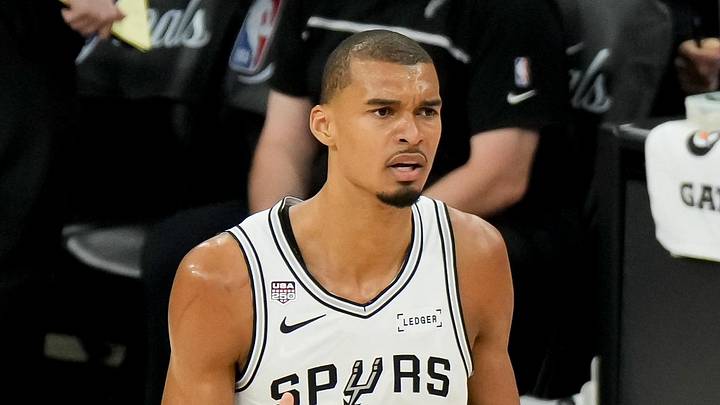 Jun 13, 2026; San Antonio, Texas, USA; San Antonio Spurs forward Victor Wembanyama (1) reacts to a play against the San Antonio Spurs in the first half during game five of the 2026 NBA Finals at Frost Bank Center. Mandatory Credit: Scott Wachter-Imagn Images