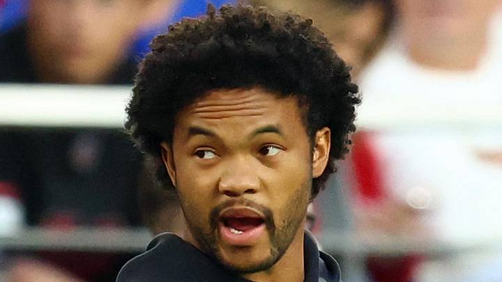 Dec 7, 2025; Glendale, Arizona, USA; Arizona Cardinals quarterback Kyler Murray (1) on the side line against the Los Angeles Rams during the second half at State Farm Stadium. Mandatory Credit: Mark J. Rebilas-Imagn Images