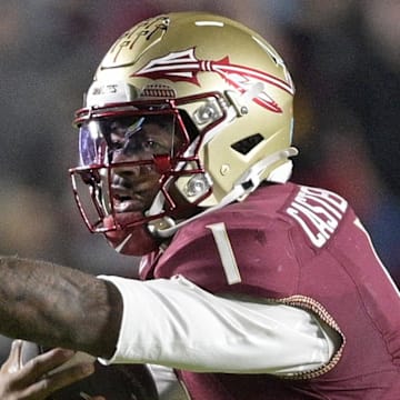 Nov 1, 2025; Tallahassee, Florida, USA; Florida State Seminoles quarterback Tommy Castellanos (1) runs the ball during the second half against the Wake Forest Demon Deacons at Doak S. Campbell Stadium. Mandatory Credit: Melina Myers-Imagn Images