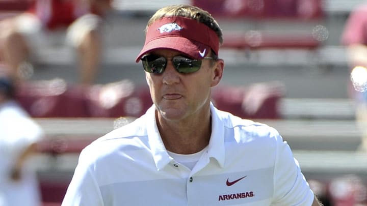 Sep 15, 2018; Fayetteville, AR, USA; Arkansas Razorbacks head coach Chad Morris before the game against the North Texas Mean Green at Donald W. Reynolds Razorback Stadium. Mandatory Credit: Justin Ford-Imagn Images