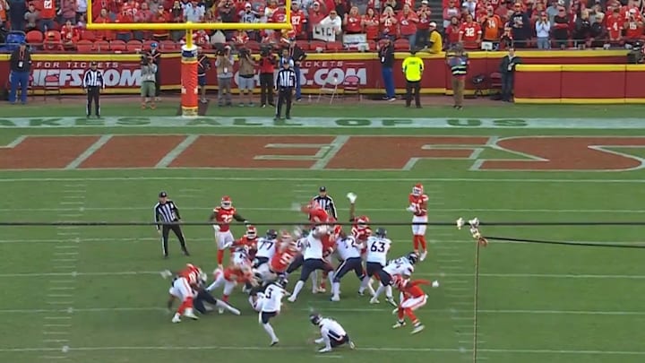 Kansas City remained undefeated after blocking a last-second field goal by the Broncos.