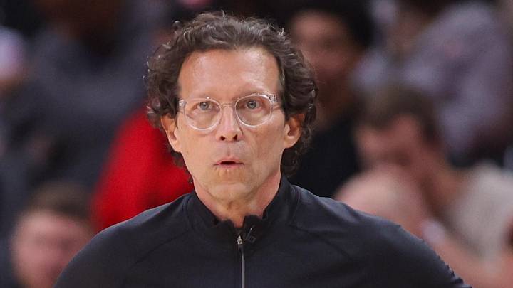 Atlanta Hawks head coach Quin Snyder on the sideline against the New York Knicks in the first quarter during game six of the first round of the 2026 NBA Playoffs at State Farm Arena on April 30, 2026.
