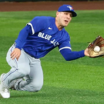 May 27, 2025; Arlington, Texas, USA; Toronto Blue Jays center fielder Daulton Varsho (5) makes a diving catch during the third inning against the Texas Rangers at Globe Life Field.