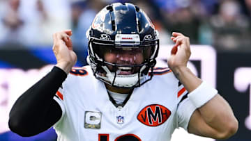 Oct 26, 2025; Baltimore, Maryland, USA; Chicago Bears quarterback Caleb Williams (18) calls a play during the fourth quarter against the Baltimore Ravens at M&T Bank Stadium.