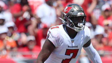 Sep 17, 2023; Tampa, Florida, USA; Tampa Bay Buccaneers linebacker Shaquil Barrett (7) sacks Chicago Bears quarterback Justin Fields (1) during the second quarter at Raymond James Stadium. Mandatory Credit: Kim Klement Neitzel-Imagn Images