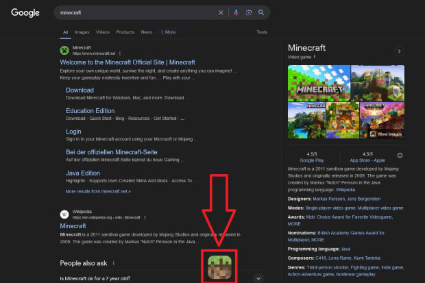 Screenshot from Google showing a search for Minecraft with a mysterious widget appearing at the bottom of the screen.