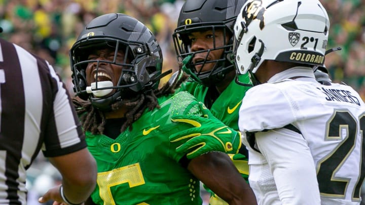 Oregon running back Noah Whittington celebrates a touchdown as the Oregon Ducks host Colorado in the Pac-12 opener Saturday, Sept. 23, 2023, at Autzen Stadium in Eugene, Ore.