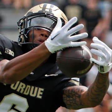 Purdue Boilermakers wide receiver Arhmad Branch (6) catches a pass that was ultimately called back Saturday, Aug. 31, 2024, during the NCAA football game against the Indiana State Sycamores at Ross-Ade Stadium in West Lafayette, Ind. Purdue Boilermakers won 49-0.