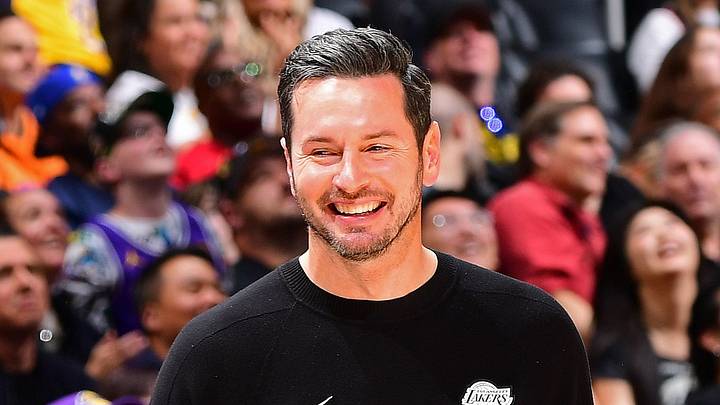 LOS ANGELES, CA - APRIL 10: Head Coach JJ Redick of the Los Angeles Lakers smiles during the game against the Phoenix Suns on April 10, 2026 at Crypto.Com Arena in Los Angeles, California. Copyright 2026 NBAE (Photo by Adam Pantozzi/NBAE via Getty Images)