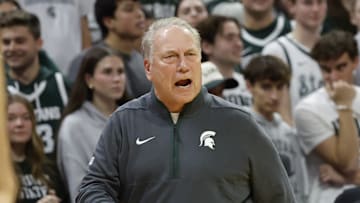 Michigan State Spartans head coach Tom Izzo yells to his players during a game against the Detroit Mercy Titans at the Breslin Center on Friday, Nov. 21, 2025.