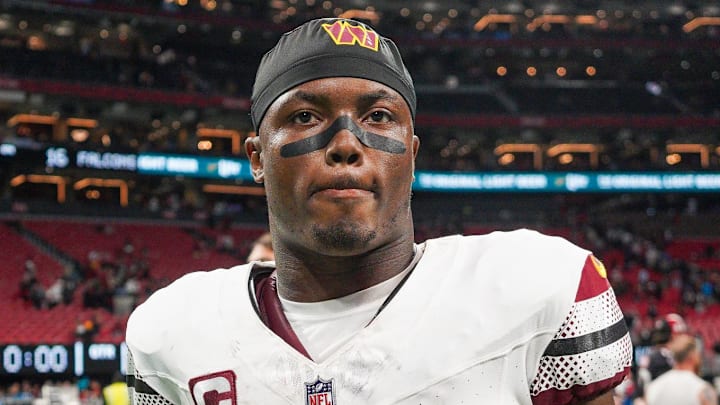 Oct 15, 2023; Atlanta, Georgia, USA; Washington Commanders wide receiver Terry McLaurin (17) after a game against the Atlanta Falcons at Mercedes-Benz Stadium. Mandatory Credit: Brett Davis-Imagn Images