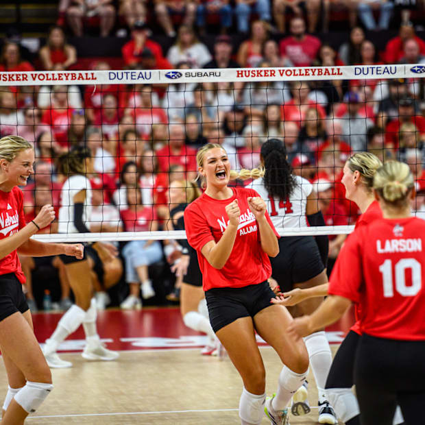 Leyla Blackwell celebrates a point for the alums in the third set. 