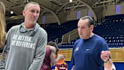 Arizona State coach Bobby Hurley, left, and former Duke coach Mike Krzyzewski reunited this weekend at Cameron Indoor Stadium in Durham, North Carolina.