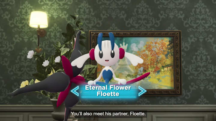 Eternal Flower Floette. A Floette with blue and red highlights holding a black and red flower.