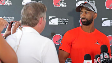 Cleveland Browns GM Andrew Berry fields questions from local media during a press conference at the NFL team's training facility in Berea.