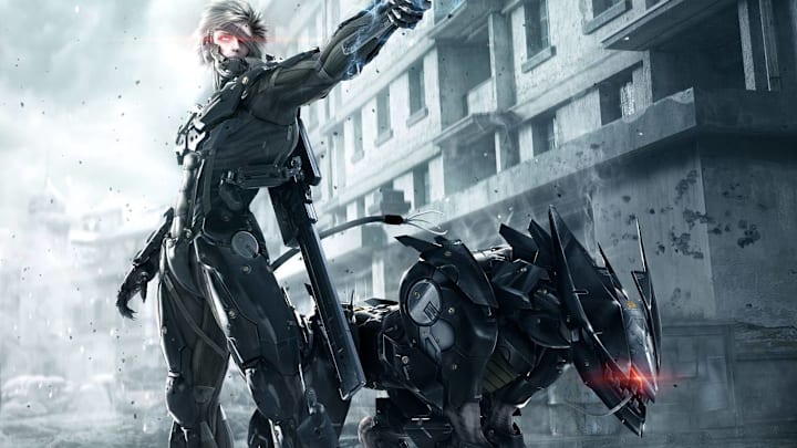 Raiden and a robot dog get ready for battle in Metal Gear Rising Revengeance.