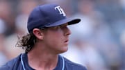 Tampa Bay Rays starting pitcher Ryan Pepiot (44) reacts during the first inning against the New York Yankees at Yankee Stadium. 