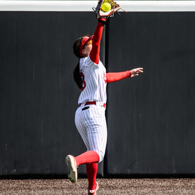 Hannah Camenzind makes catches the ball in center field. 