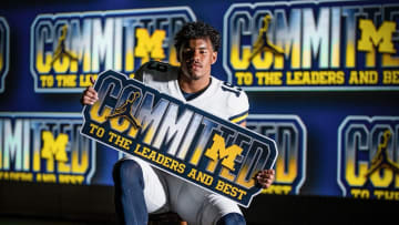 Three-star 2025 tight end Eli Owens poses during a photo shoot while on a recruiting visit with Michigan football in Ann Arbor