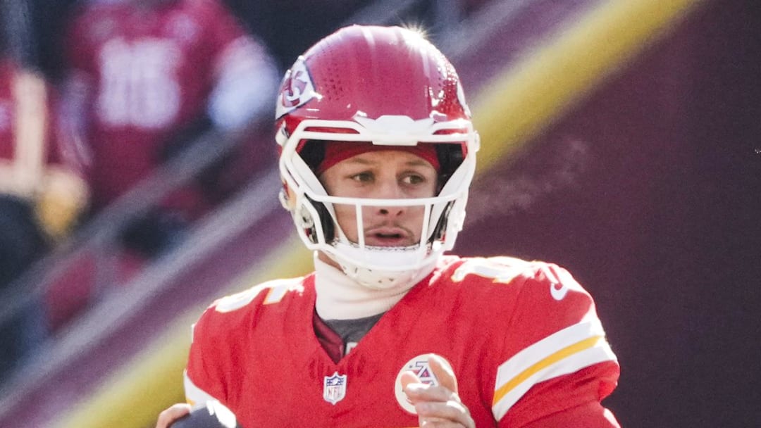 Dec 14, 2025; Kansas City, Missouri, USA; Kansas City Chiefs quarterback Patrick Mahomes (15) looks to pass against the Los Angeles Chargers during the first quarter at GEHA Field at Arrowhead Stadium. Mandatory Credit: Denny Medley-Imagn Images