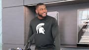 Michigan State defensive lineman Quindarius Dunnigan talks to the media on Oct. 15, 2025.