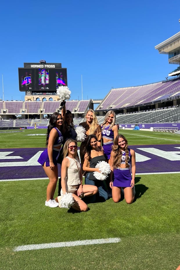 Katie Austin, Camille Kostek, Ellie Thumann and Christen Harper with TCU cheerleaders 