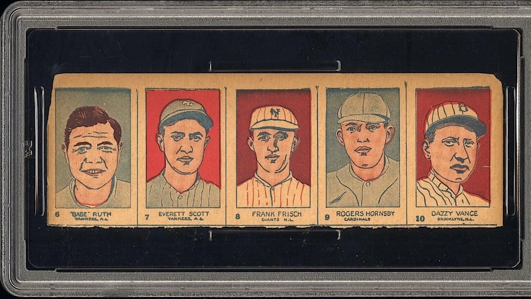 1926 W512 Hand Cut Strip Card - Full Panel - Babe Ruth, Frankie Frisch, Rogers Hornsby, Dazzy Vance, & Everett Scott