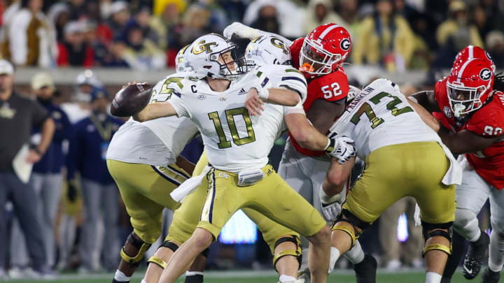 Nov 25, 2023; Atlanta, Georgia, USA; Georgia Tech Yellow Jackets quarterback Haynes King (10) throws a pass against the Georgia Bulldogs in the second half at Bobby Dodd Stadium at Hyundai Field. Mandatory Credit: Brett Davis-USA TODAY Sports