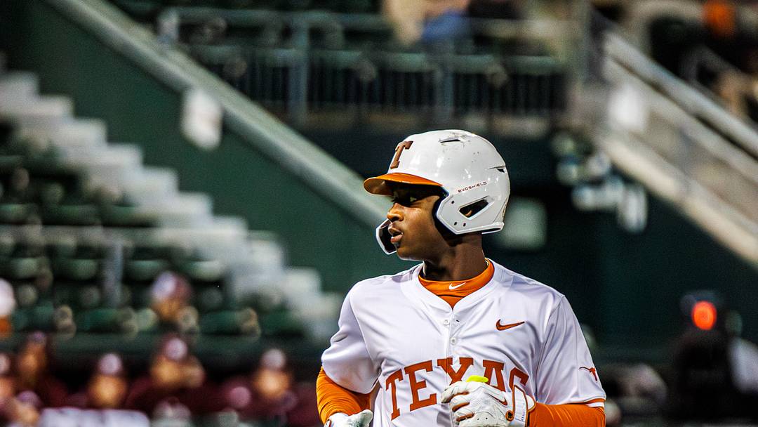 Texas freshman Anthony Pack Jr. walks to first base against the Mississippi State Bulldogs on May 1, 2026, at UFCU Disch-Falk Field in Austin, Texas. 